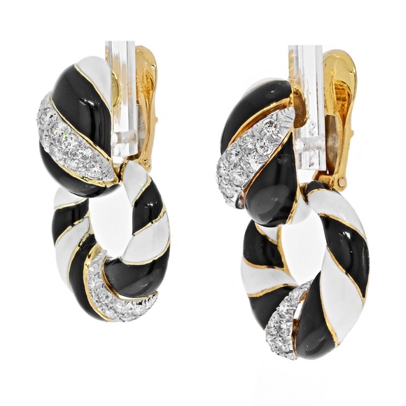 David Webb Platinum&Gold Black And White Enamel And Diamond Doorknocker Earrings - Picture 2 of 4